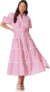 KAVATHIYA Women’s Striped Midi Dress for Women | Button Down A-Line Dress with Belt | Puff Sleeve Casual Summer Dress Price In India