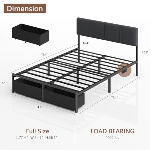 Image of Furnulem Full Size Bed Frame with Headboard, Upholstered Full Bed Frame with LED Light, USB Charging Station, Platform Bedframe with 2 Fabric Underbed Storage Drawers, No Spring Box Needed