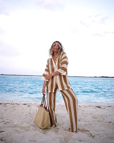 Image of Women Cover Up Sets Button Up Tops with Pants Crochet Set Outfit 2 Piece Outfits Vacation Outfits