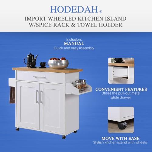 image for Hodedah Kitchen Island with Spice Rack, Towel Rack & Drawer, White wit