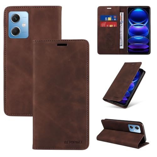 �E�H���b�g�P�[�X Xiaomi Redmi Note 12 5G/Redmi Note12 5G/POCO X5 5G �P�[�X �J�[�h�z���_�[�t�� �t���b�v�J�o�[ RFID �u���b�L���O�ی샌�U�[�P�[�X �ϋv���̂���ϏՌ��J�o�[(Brown)