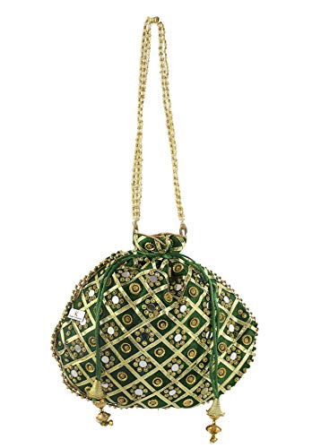 Kuber Industries 3-Layer Silk Traditional Mirror Work Clutch Potli Batwa Pouch Hand Bag for Bridal, Casual, Party, Wedding (Green)-KUBMART11520, Standard