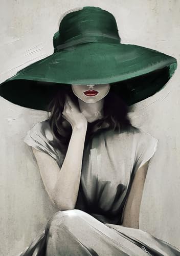 STYLER Tableau sur toile Green Hat 70 x 100 cm prêt à accrocher – portrait élégant de femme avec chapeau vert et lèvres rouges – décoration murale artistique