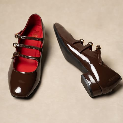 Image of Theater Kelly Jr Women Mary Jane Flats | Triple Buckle Strap Square Toe Shoes | Comfortable & Stylish for Formal and Casual Fashion