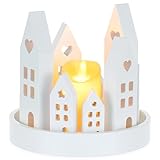 Inweder Lichthaus Kerzenhalter für Weihnachten Deko: Holz Kerzenständer Stadtlicht mit LED Kerzen Weiß Häus Stadtlicht Scandinavian für Advent Einzugsgeschenke Fenster Kamin Tischdeko