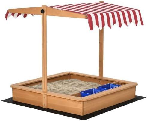 ZenithX Kids Wooden Sandbox, Children Sand Outdoor, with Adjustable Height Cover, Bottom Liner, Seat, Plastic Basins, Boys and Girls, for Backyard, Beach, Lawn, YYUE-240517-29