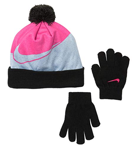 Nike Kids Swoosh Pom Beanie Hat and Gloves Set (7 16, Rush Pink(4A2699-A4Y) Grey)
