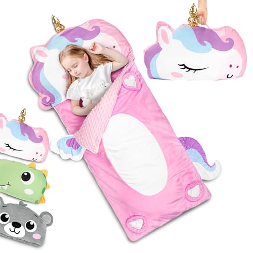 Primlect Kids Sleeping Bag with Pillow, Plush Animal Toddler Nap Mat for Preschool, Sleepovers, and Travel, Perfect for Boys and Girls, Pink
