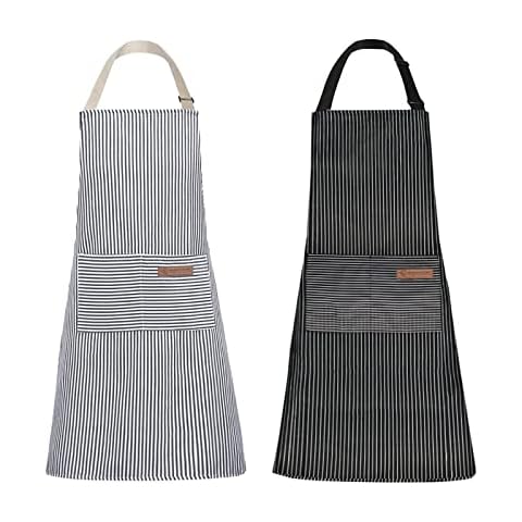 Tosewever 2 Pieces Kitchen Cooking Aprons, Cotton Polyester Blend Adjustable Bib Aprons with 2 Pockets for Women Men Chef Chef (Navy/Black Stripes, 2) Cover