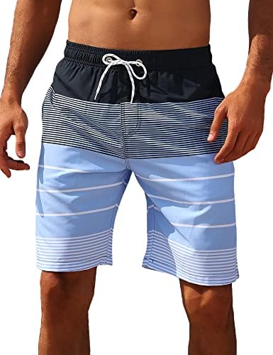 ELETOP Men's Swim Trunks Quick Dry Board Shorts Beach Swimming Trunks Holiday Bathing Suits Stripe Blue TK117 XL
