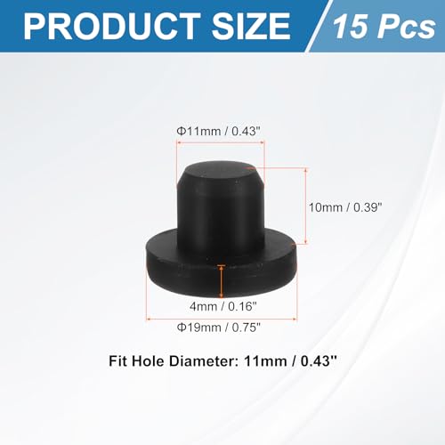 Image of uxcell 15Pcs Silicone Hole Plug, Waterproof Solid T-Shaped Rubber Stoppers Bottle Seal Tube Pipe Plug End Cap for 11mm /0.43 inch Hole for Bathtub Bottle, 0.39 inch Plug Height, Black