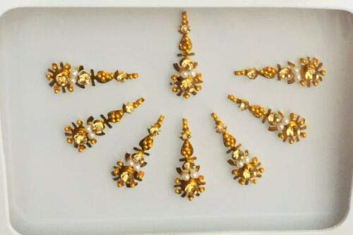 BA91 Gold Stone Pearl Bindi Tattoo Bollywood Fancy Party Forehead Sticker Eid Wedding Tika