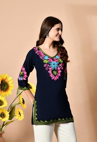 Image of LIBOZA Embroidered Kashmiri Tunic Top, Short Kurti for Women on Jeans, V-Neck, 3 /4 Sleeve, Floral Design,