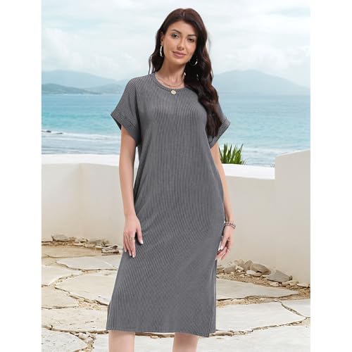 Image of Womens Casual T Shirt Dress Summer Fall Crewneck Loose Fit Side Split Knee Length Dress Ribbed Pattern with Pockets