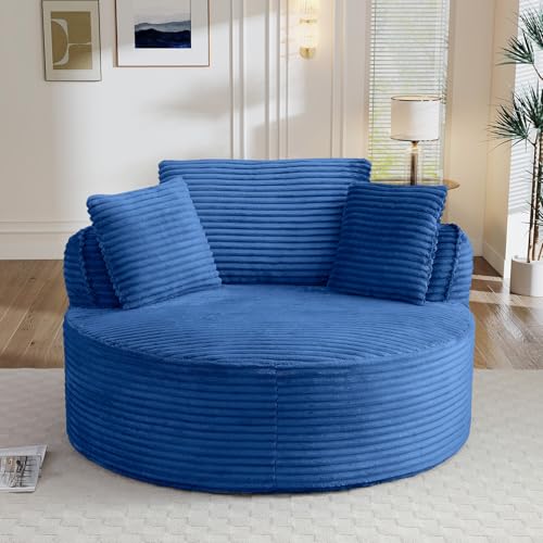 Image of Antetek 53.5-inch Round Chair, Modern Accent Corduroy Comfy Deep Seat Boneless Foam Floor Single Circle Chaise Sofa Chair with 3 Pillows for Living Room Bedroom Office, No Assembly Required, Blue