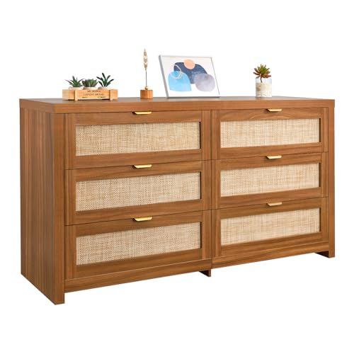 VEVOR Commode en rotin à 6 tiroirs, Meuble de Rangement avec poignées en métal, Organisateur de vêtements et Rangement bohème en Bois, Armoire pour...
