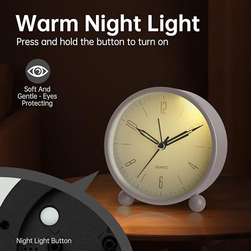 Image of JALL Analog Alarm Clock, 4 inch Super Silent Non Ticking Small Clock with Night Light, Battery Operated, Simple Design, Old Fashioned Style Cream Decor, for Bedroom, Bedside, Desk, Adult, Gift, White