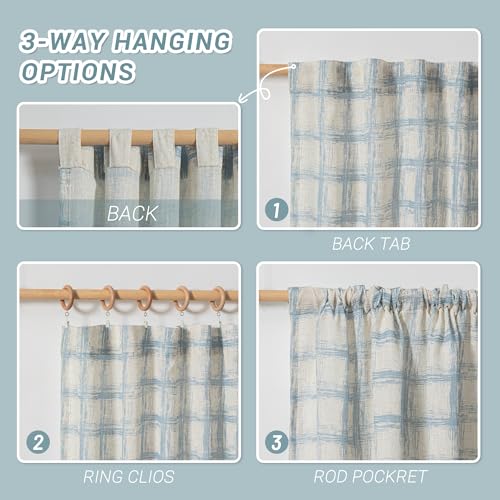 Image of MYSKY HOME 95 inch Curtains 2 Panel Set Curtains for Living Room Dining Room Semi Sheer Light Filtering Back Tab Plaid Window Treatment Farmhouse Style Drapes for Bedroom,50 inchx95 inch, Blue, 2 PCs