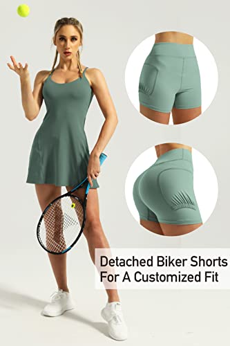 Gym Rainbow Women's Built-In Bra Workout Dress Adjustable Straps Exercise Tennis Dress With Biker Shorts(#1 Green,Small) #TOP2