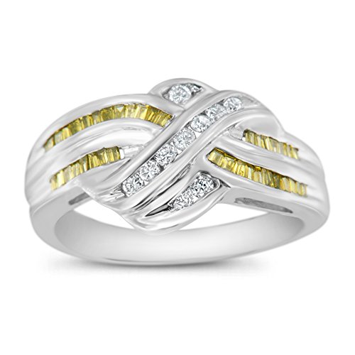 Original Classics 14K White Gold Round and Treated Yellow Baguette Diamond Knotted Ring (0.5 Cttw, Yellow Color, I1-I2 Clarity) - Size 7