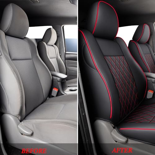 Image of Coverado Tacoma Seat Covers, Car Seat Covers Front Seats, Leather Seat Covers for Cars Car Seat Protector Cushion Tacoma Accessories Custom Fit 2005-2023 Toyota Tacoma Double /Crew Cab(Red)