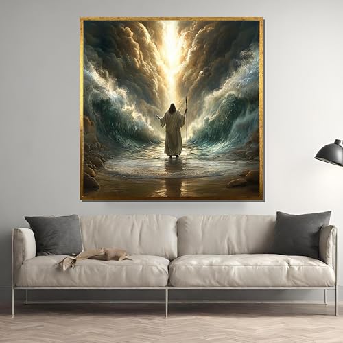Art mural biblique La Mer qui se sépare toile haut de gamme 65x65cm