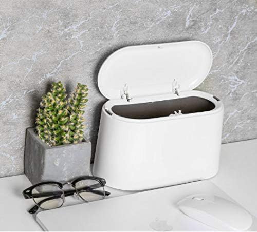 Portable Trash Can Desk Bin with Lid, Mini Press-Type Trash Can Table Desktop Dustbin for Home Living Room Kitchen Bedroom Bathroom Office Dust Bin (White)