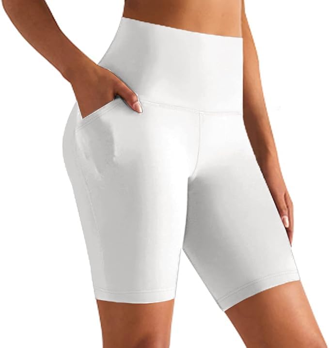 GROTEEN 8'' Biker Shorts Women with Pockets - High Waisted Tummy Control Yoga Workout Running Gym Spandex Shorts