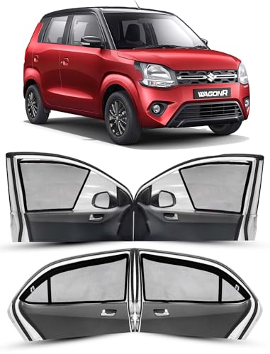 Image of Autofact Magnetic Car Sunshades Compatible with Maruti Wagon r (2019 to 2024) (Set of 4) - Easy Installation, UV Protection (Front 2 Half-Cut for Side Mirror Visibility, Rear 2 with Zippers)