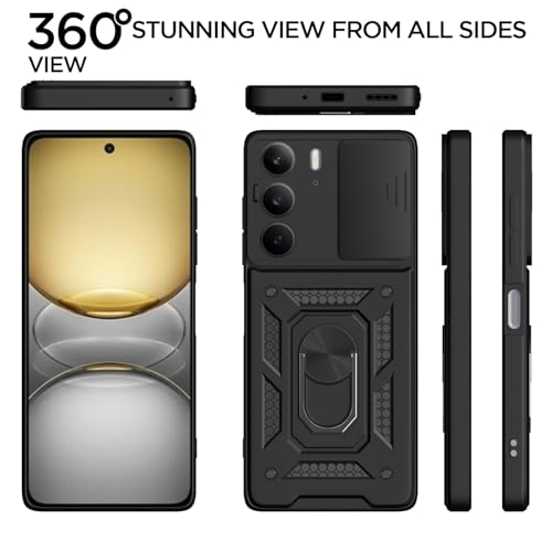 Image of Pikkme Back Cover for Realme C75 | D10 Tough Armor | 360 Protection Case | Sliding Camera Shield Cover & Ring Holder Stand Bumper Case (Black)