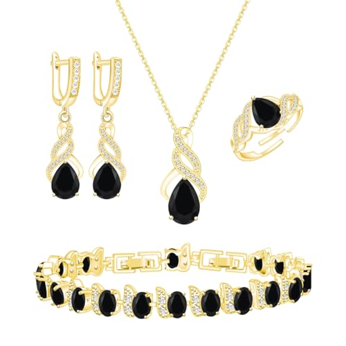 LMXXVJ Black Stone 18K Gold Plated Jewelry Set for Women Platinum Plated Necklace Ring Earrings Bracelet Costume Jewelry Set Birthday Mothers Day Thanksgiving Gift for Women