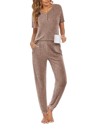 Ekouaer Pajamas for Women Set 2 Piece Rib Knit Lounge Set Joggers Loungewear Short Sleeve Pjs with Pockets Brown