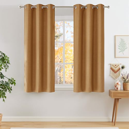 Image of NICETOWN Short Faux Linen Gold Brown Blackout Curtains 63 inches Long for Kitchen - Privacy Panels for Living Room Bedroom, Modern Farmhouse Style Easy Care Grommet Top, 2 Panels, W42 by L63