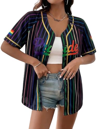Pride Shirt Women Pride Rainbow Baseball Jersey Pride Graphic Tee Lesbian LGBT Button Down Short Sleeve Top