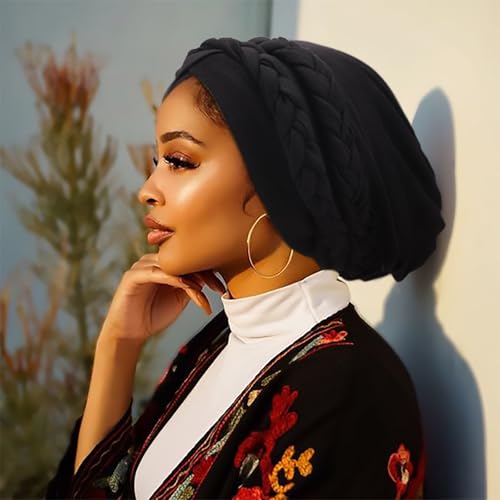 Image of DRESHOW African Women Turban Caps Cotton Beanie Twist Headscarf Pre-Tied Double Twisted Braids Wrap Hat Chemo Cancer Cap