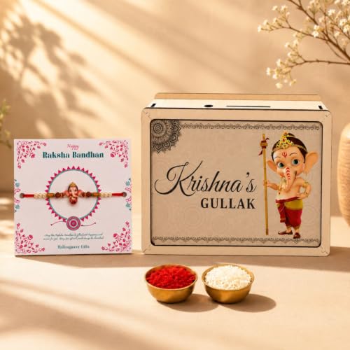 Image of Personalized Kids Wooden Gullak with Cute Bal Ganesh Theme & Magnet Rakhi | Custom Name Piggy Bank Money Saving Box for Boys | Raksha Bandhan Gift Set with Roli Chawal