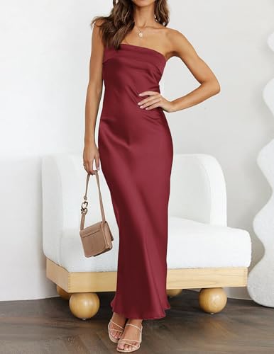 Image of MEROKEETY Women's Summer Satin Strapless Bodycon Dress 2026 Backless Tube Wedding Guest Cocktail Formal Party Maxi Dresses