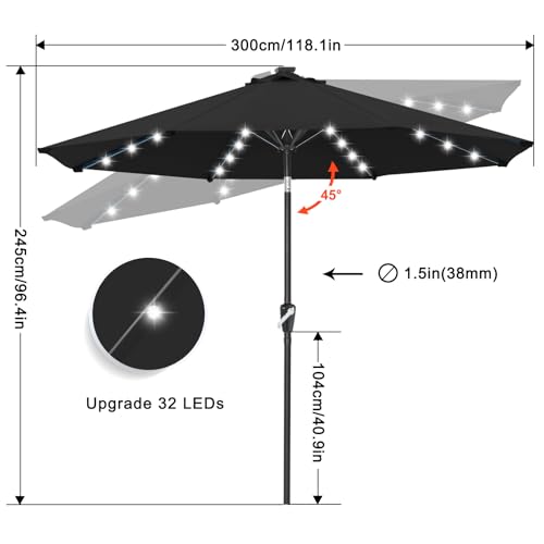 Image of ABCCANOPY 10FT Durable Solar Led Patio Umbrellas with 32LED Lights (Jet Black)