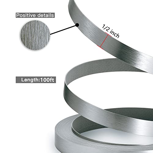 Image of Gray Edge Banding, 1 /2 inch x 100ft Non Glued Flexible Durable Real Brushed Aluminum Grey Silver Veneer Edge Trim for DIY Table Cabinet Furniture Decorative Trim