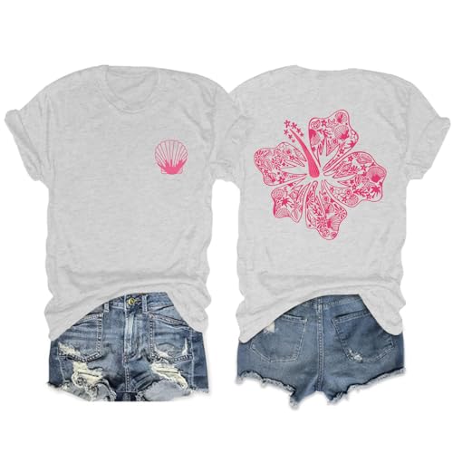 Image of Hawaiian T Shirts for Women Oversized Aesthetic Hibiscus Flower Beach Shirt Teens Preppy Tropical Graphic Tee Tops