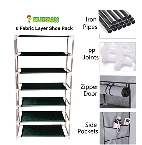 Image of FLIPZON Premium 6-Tiers Shoe Rack with Zipper Cover | Foldable Non-Woven Fabric Shoe Organizer | Bird & Floral Printed Design | Space Saving Shoe Storage Cabinet for Home