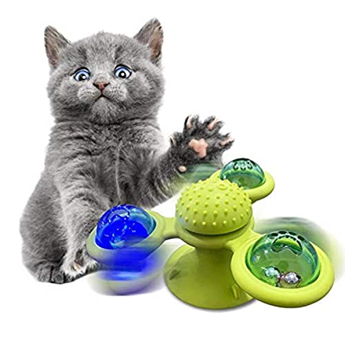 OmeHoin Windmühle Katzenspielzeug interaktives Katzenminze Spielzeug für drinnen und draußen, Zahnbürsten, Haarbürste, Drehteller, Massage, Kratzen, Kitzel-Spielzeug mit Glocke, 3 Blätter,Grün Cover