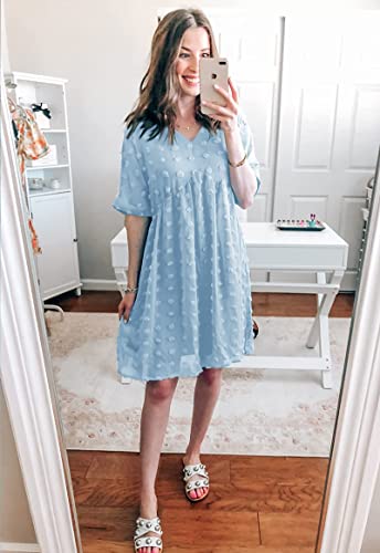 Kirundo 2023 Summer Womens Short Sleeve Mini Dress V Neck Flowy Casual Dress Swiss Dot Loose Short Plus Size Maternity Dress(Medium, Blue) #TOP2