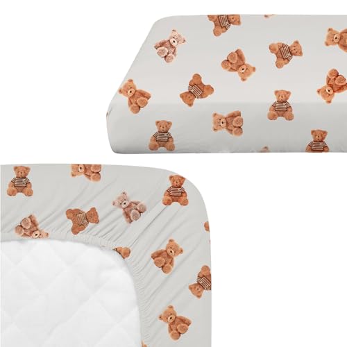 Image of 4 Pack Teddy Bear Crib Sheet Set for Boys or Girls, Neutral Soft Breathable Fitted Checkered Crib Sheet, Bear Nursery Decor for Standard Crib and Toddler Bed Mattresses 28 x 52 in