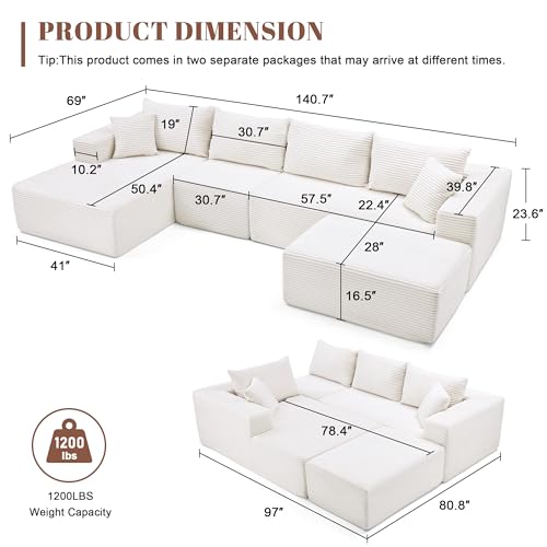 Image of Mangodan 140 inch Cloud Sectional Couch, Modular Sectional Sofa with Deep Seat, Boneless Sofa for Living Room, Fluffy Comfy U-Shaped Couch with Left Facing Chaise, No Assembly Required, Beige