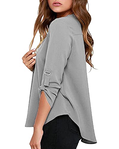 Roswear Women's Business Casual V Neck Cuffed Sleeves Work Blouse Top Grey Xl #TOP1