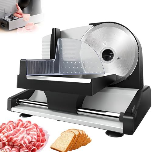 家庭用ミートスライサーマシン、200ワット電動パンスライサー、19cmステンレス鋼刃と1-15mm調節可能な厚さ、滑り止めフードプッシャー、食品、チーズ、デリ用