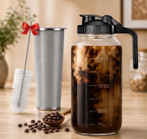 Image of Brew Coffee Maker & Iced Tea Brewer - 1.8 L Borosilicate Glass Pitcher, Food Graded BPA Free Silicon with Reusable Mesh Filter - Dishwasher Safe - Ideal for Home & Travel (Mason Jar)