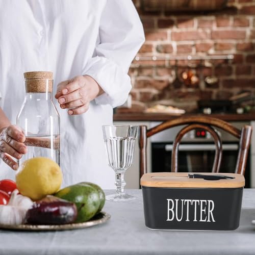 Image of Ceramic Butter Dish with Wooden Lid and Stainless Steel Knife, Large Butter Container Keeper with Bamboo Cover and Silicone Sealing Ring for West and East Coast Butter (Black)