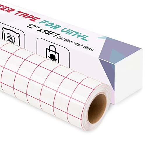 IModeur Transfer Tape for Vinyl 12 x 15Ft (30.5 x 457cm) Clear Vinyl Transfer Paper Tape Roll with Red Grid for Permanent Vinyl and Self Adhesive Vinyl for Signs Stickers Car Decals